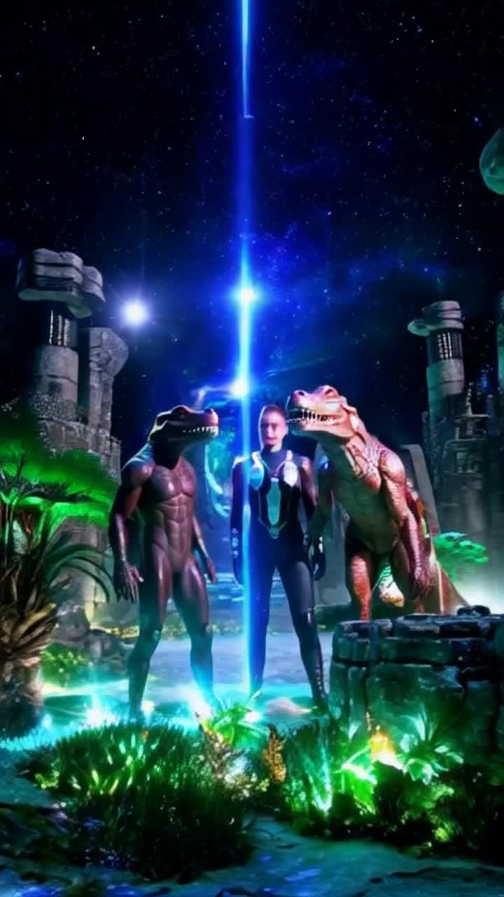 Humans adorned in futuristic attire standing alongside towering reptilian beings with glimmering scales shimmering under bright lights exchanging glances filled with curiosity and wonder exploring uncharted connections uniting alien cultures against a backdrop of ancient ruins intertwined with advanced technology surrounded by lush greenery and alien flora pulsating with vibrant colors radiant starlight illuminating the scene suggesting deep cosmic mysteries waiting to be unveiled