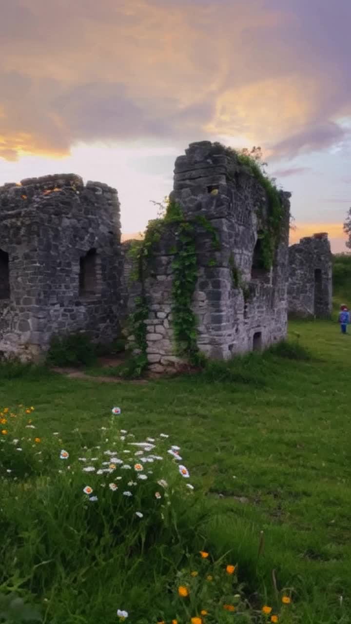 Ancient grey stone structures clustered together exuding charm and character portraying times embrace Eerie silence enveloping the scene as  winds whisper through crevices Masses of charming daisies grace the area Lush green grass sprawling around the manor contrasting with weathered stones Overgrown ivy cascades down walls creating a tapestry of natures reclaiming A small evil  leprechaun like being that is child sized traipses around the area A hazy evening sky painted with oranges and purples sets a wistful backdrop as shadows elongate across the landscape inviting exploration into forgotten stories of history hidden within these quaint relics
