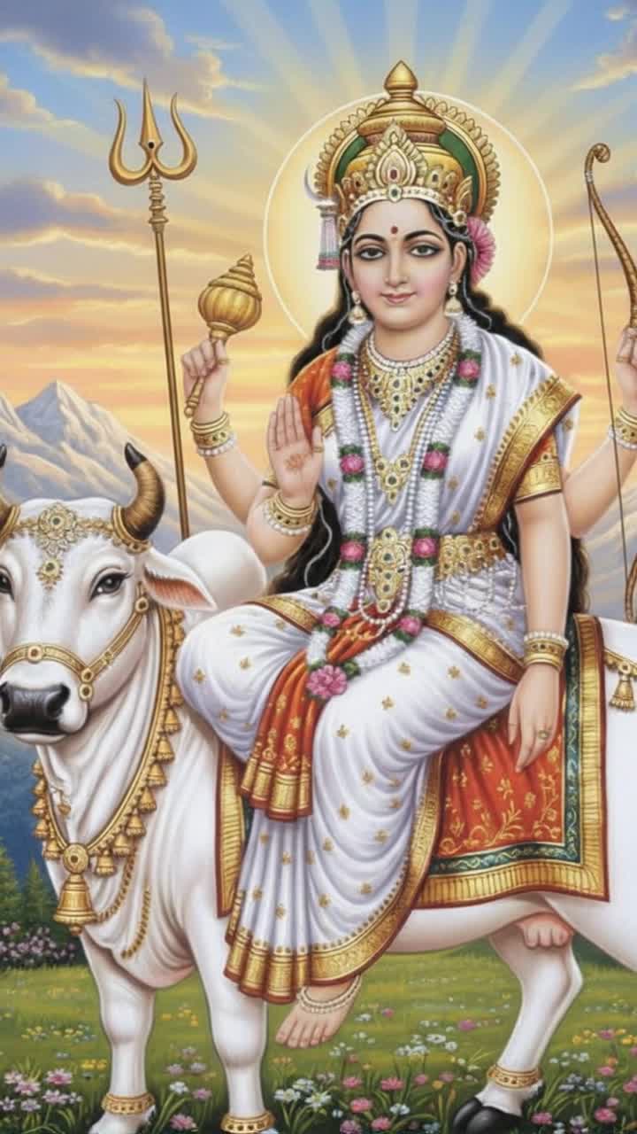 Radiant goddess adorned in flowing white garments with shimmering jewels illuminating her presence, gracefully dances amidst swirling clouds of soft white mist, divine light emanating from her Ethereal glow surrounded by vibrant lotus flowers in full bloom, delicate petals glistening with dewdrops, creating an atmosphere of tranquility Majestic mountains in the distance, peaks dusted with pure snow under a brilliant blue sky, highlighting the serene beauty of this celestial realm