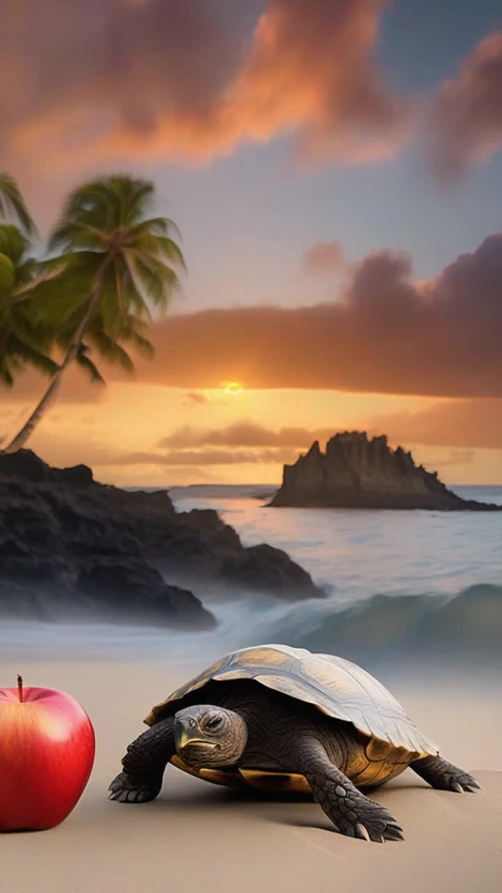 Majestic Galapagos turtle elegantly grazing on a vibrant red apple golden sunlight casting warm hues on its textured shell soft waves gently lapping at sandy beach palm trees swaying in the gentle breeze distant silhouettes of volcanic rocks framing the scene captivating colors reflecting off the ocean surface tranquil atmosphere filled with the sounds of nature evolving into a serene moment of harmony