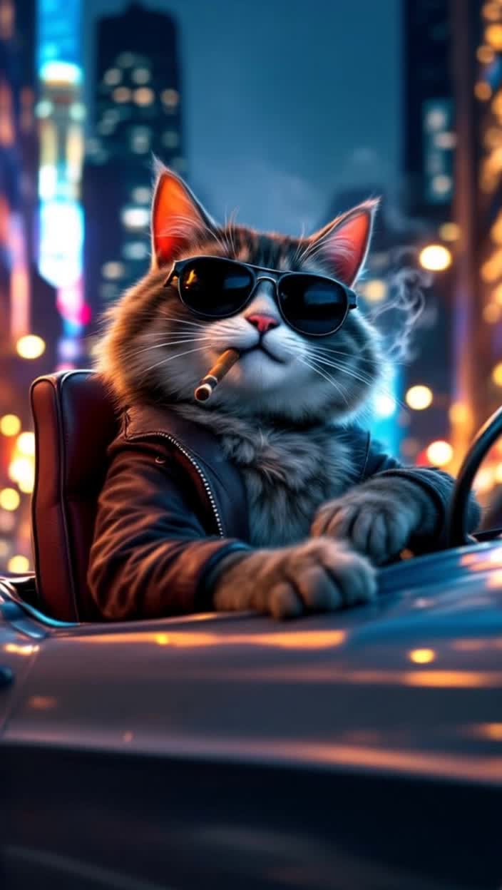 Cool feline cat wearing sunglasses leans back in plush leather seat of sleek vintage Ford Mustang exhaling puffs of fragrant cigar smoke Grinning mischievously as it revs engine against vibrant city skyline illuminated by city lights shimmering under twilight sky