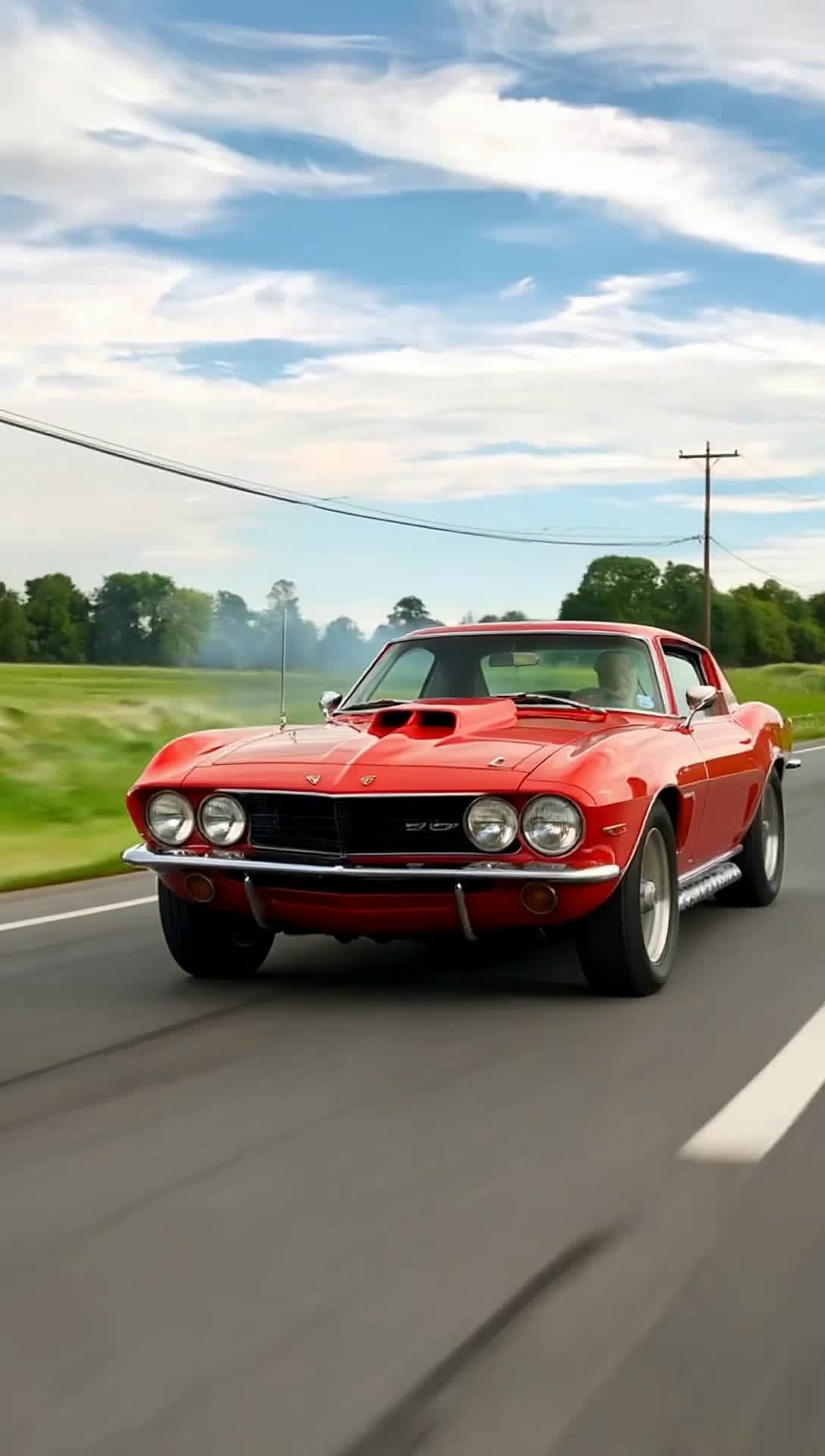 The 1968 Camero muscle car zooms down the straight road speeding fastly detailed smoke 
