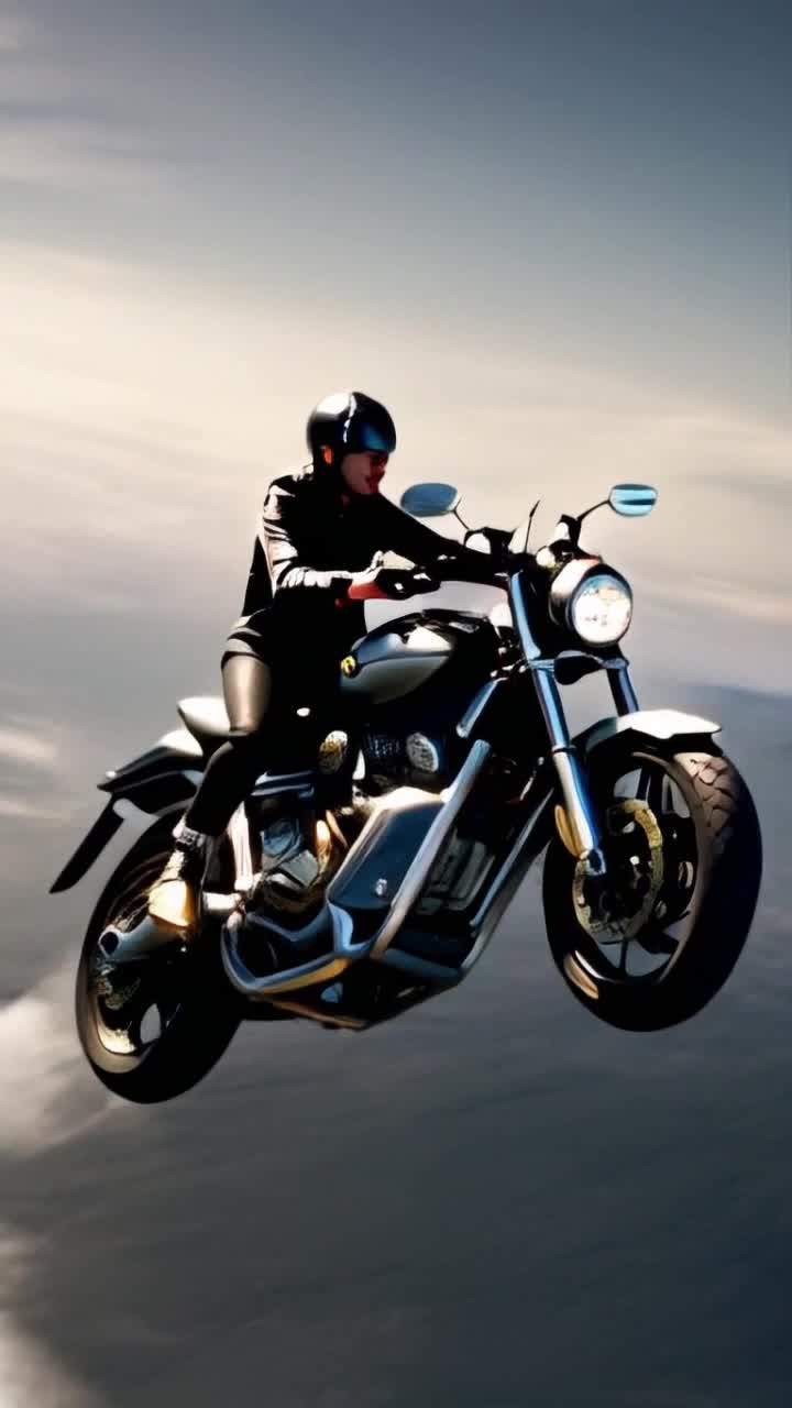A hovering motorcycle flying with a rider in all black with silver studs all over the seams metallic inlaid details of gold and silver