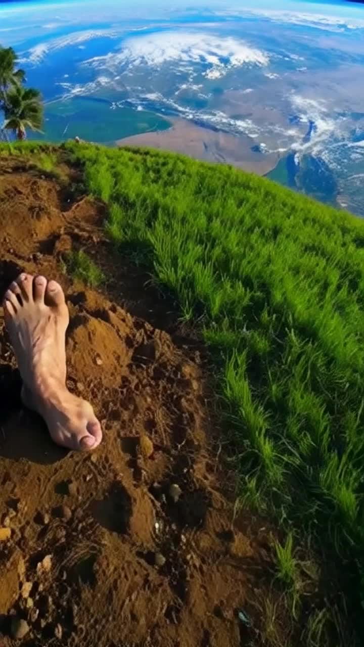 Start with a closeup of Indian soil  rich, brown earth with small green grass, ants moving Slowly zoom out to show a farmers foot standing on the ground Zoom out further to reveal an Indian village  huts, cows, banyan trees Continue zooming to show rivers, farms, the entire Indian subcontinent Then transition into the Earths curvature, blue atmosphere, and finally into deep space showing the full Earth, with India visible from orbit