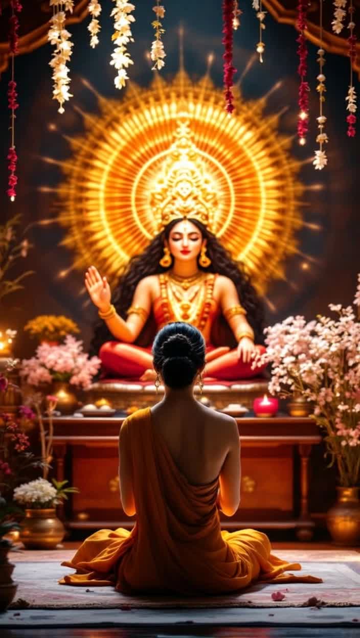Serene individual seated before radiant Skandamata idol palms gracefully folded in devotion Gentle breath halting thoughts as a tranquil chant of her mantra unfolds Intimate setting adorned with soft