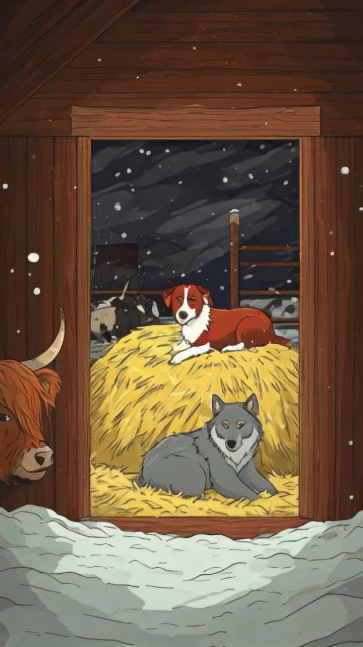 Deep night enveloped by a fierce snowstorm swirling outside rustic dairy barn Wind howls rattling large wooden doors flurries dance through cracks dusting hayfilled interior with fine layer of white Rich scent of hay mixed with warm earthy aroma of cows fills air Vibrant red border collie named Pedita rests atop golden mound of hay Seeking refuge from cold a formidable gray wolf with piercing amber eyes huddles at bottom of hay pile Snow clings to thick fur Pedita nudges shivering wolf with gentle affection licking away melting snow Two cows a shaggy Highland and a blackandwhite dairy cow observe unusual pair with calm knowing expressions