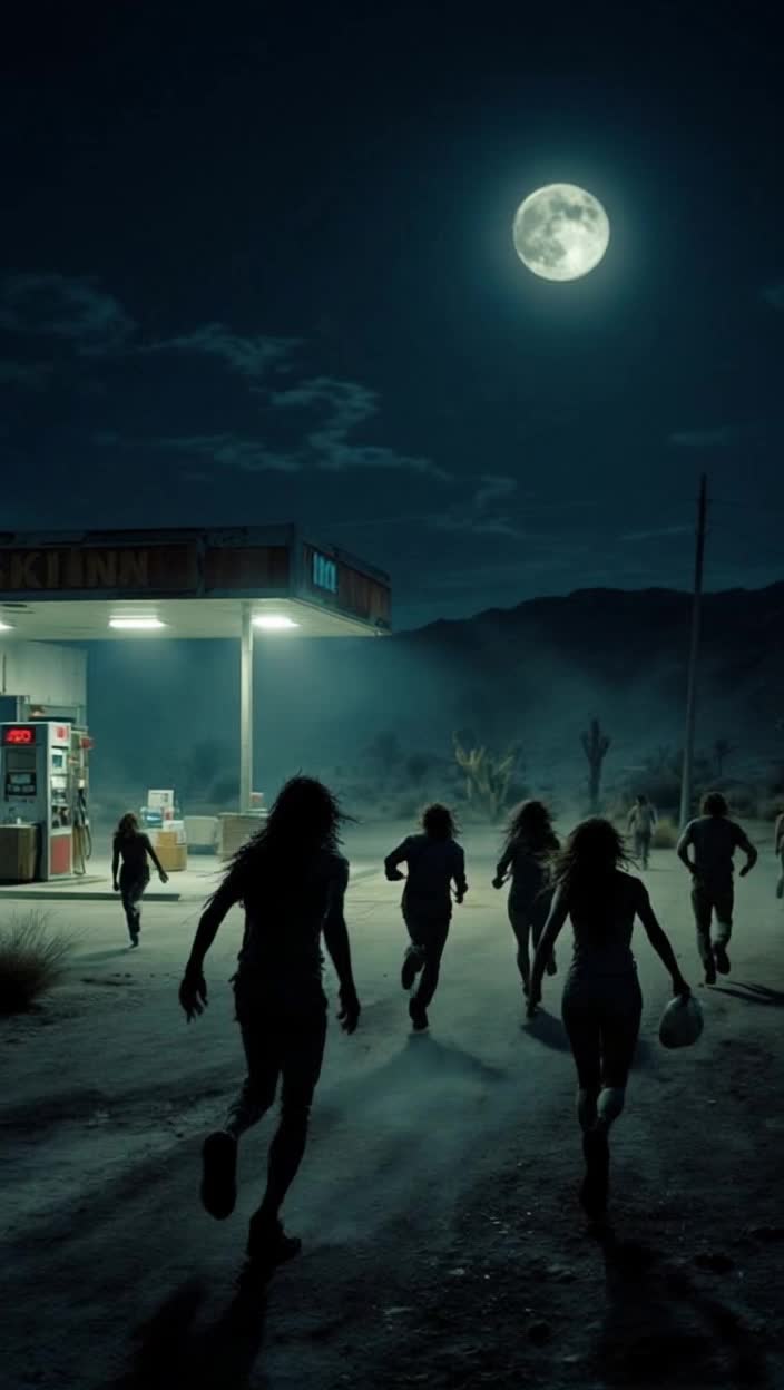 A skinwalker chasing a group of speed addicts around a gas station at night and Joshua tree California 
