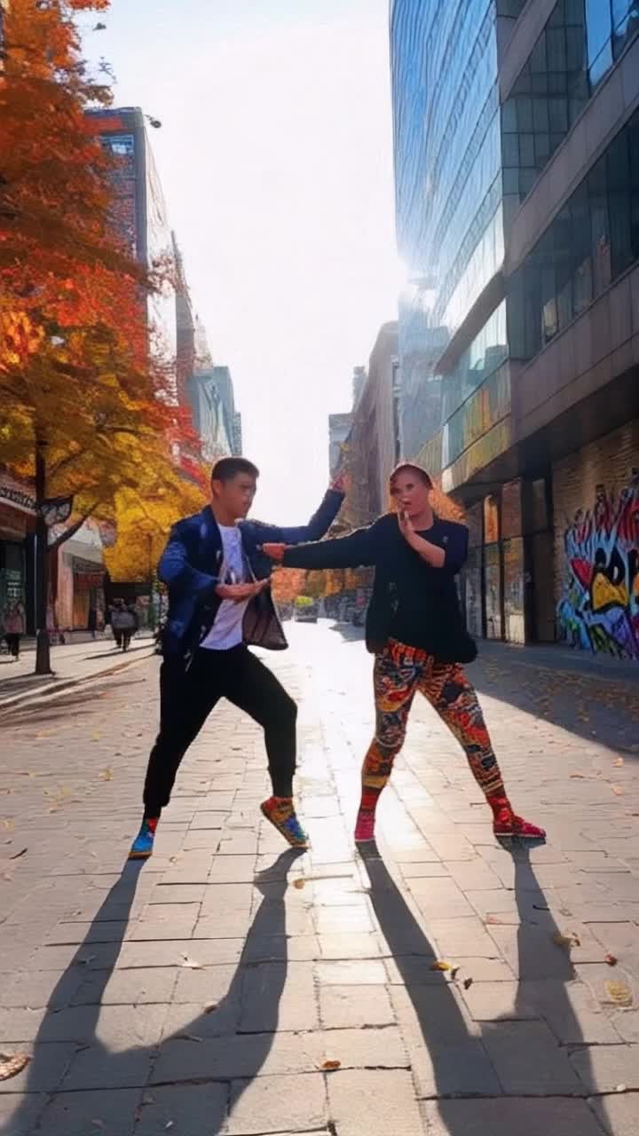 Couple wearing vibrant fancy socks boasting intricate patterns and vivid colors executing dynamic karate moves striking bold poses in a bustling urban street lined with towering buildings shimmering sunlight reflecting off glass windows scattered autumn leaves swirling in a cool breeze vibrant graffiti art decorating brick walls enhancing the lively atmosphere creating a captivating urban adventure filled with energy and movement