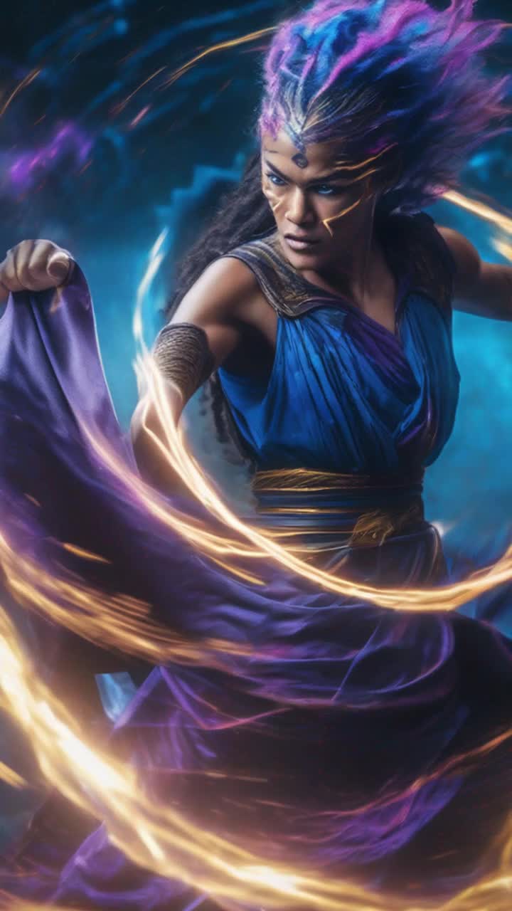 Radiant figure of an ascended master with striking spiky hair pulsating bright blue energy executes powerful martial arts moves against a group of shadowy evil witches cloaked in darkness swirling with malevolent intent Intense energy ripples through the air illuminating the scene with electric blue hues as the master gracefully twirls and strikes showcasing fluid movements honed through ages of wisdom In the background an ethereal forest glows softly with enchanted mist highlighting ancient trees adorned with shimmering crystals reflecting the energy exchange creating a mystical battleground between light and dark