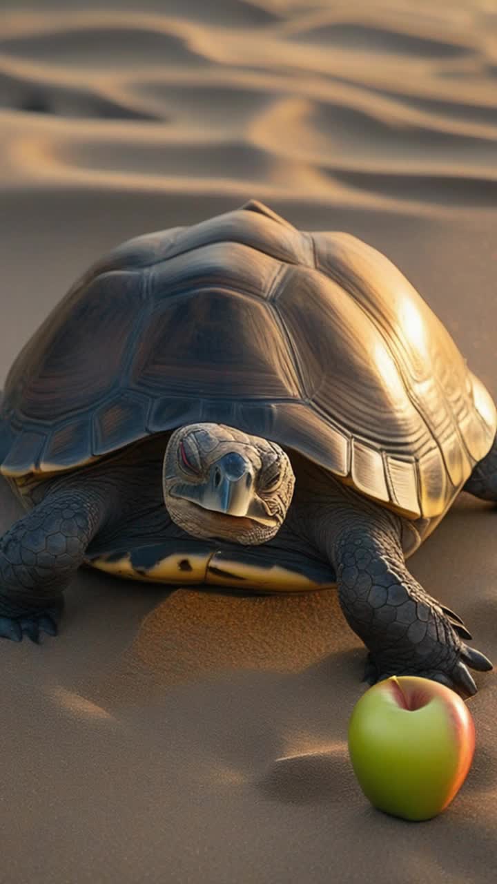 Its the galapagos turtle slowly muching on an apple on the beach at golden hour