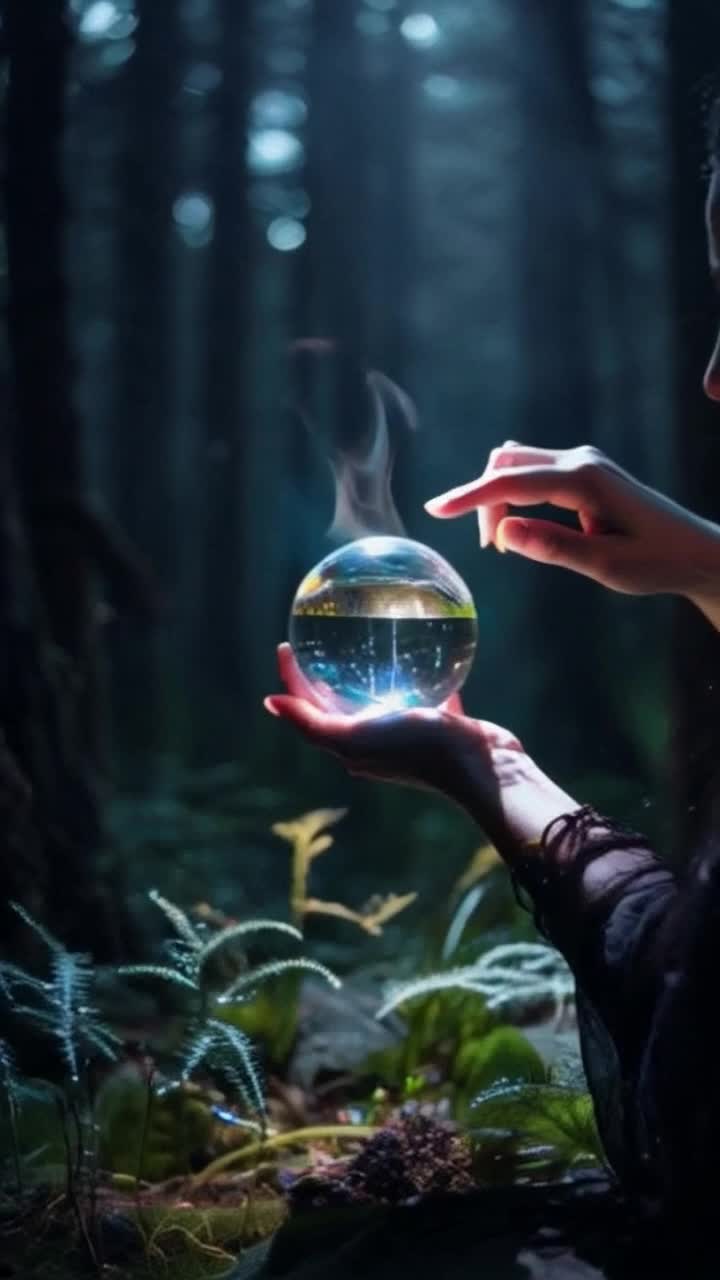 The mystical sorceress peers intently into a shimmering crystal ball surrounded by ethereal shreds of light that gracefully whirl in the air Mysterious images flicker inside the ball, revealing glimpses of a bright future, and she delicately traces its surface, causing a cascade of magical glow The Enchanted Forest Glade, enveloped in soft twilight, creates a surreal glow, and bioluminescent plants gently flicker, illuminating the scene A fairytale atmosphere filled with the gentle whisper of an ancient breeze creates a mesmerizing soundscape that enchants the senses and draws the audience into a fascinating world of wonders and possibilities