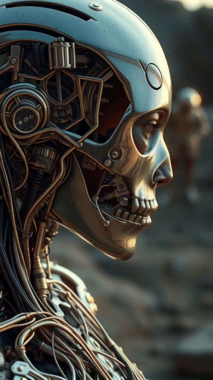 Hightech cyborg robosapian glimmering with metallic textures two glowing eyes reflecting emotions engaging in selfdialogue scanning environment Rotating in fluid motion showcasing sleek design revealing intricate circuits creating an otherworldly atmosphere Overhead shots capturing dynamic movements reflecting a blend of technology and humanity evoking curiosity 