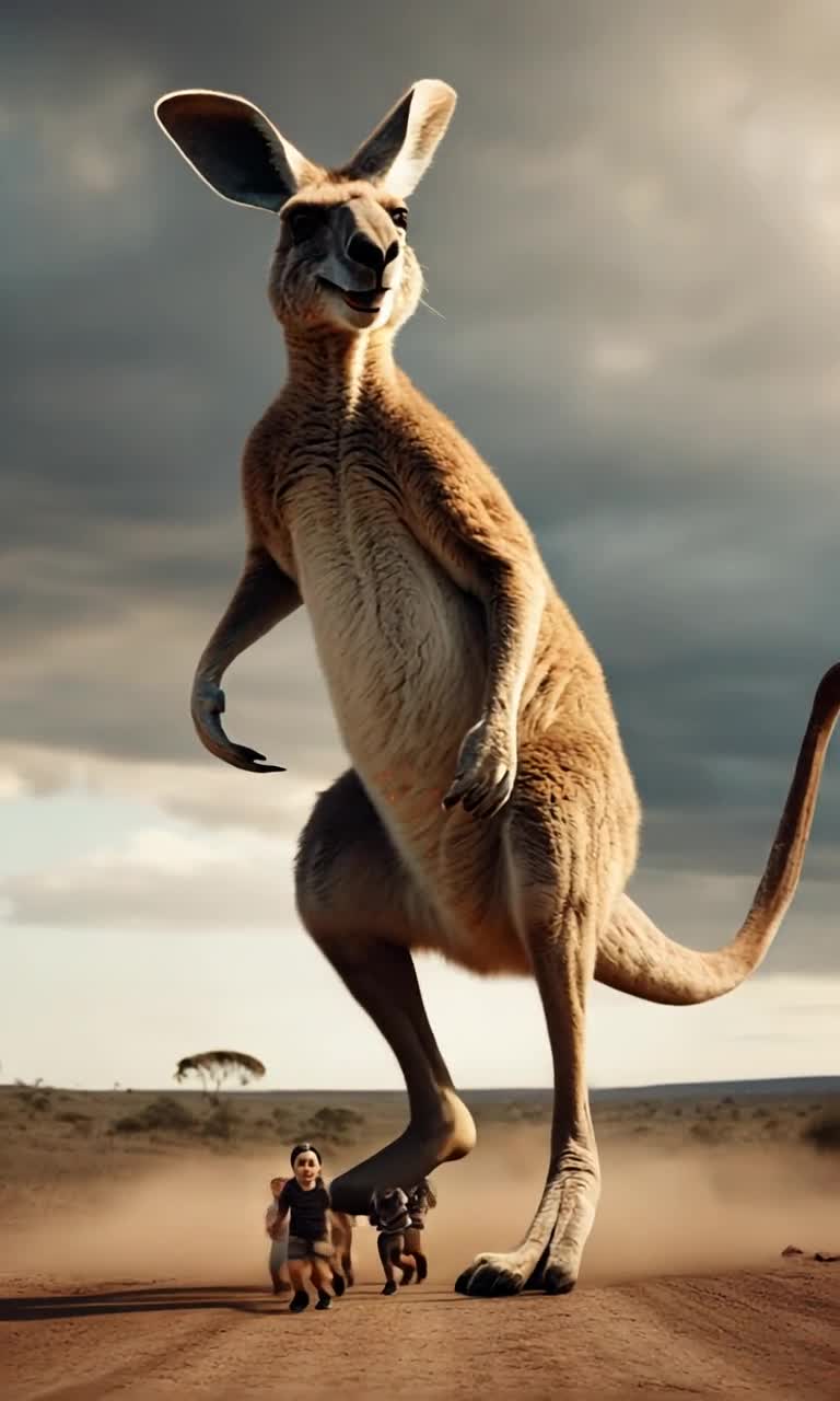 Low angle view of a giant kangaroo chasing a bunch of tiny people at his feet and laughing as he does it