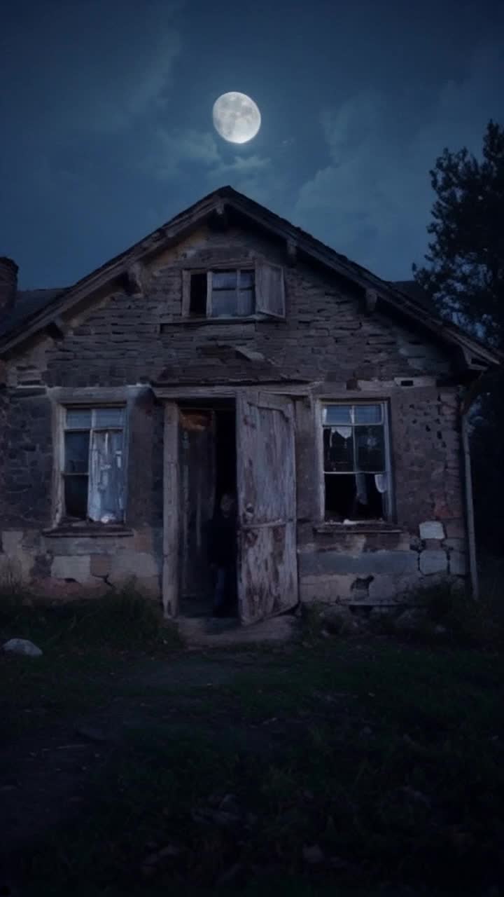 Ancient crumbling house enshrouded in haunting mystery Shadows of three adventurous teenagers creeping towards weathered doorway Eerie moonlight filtering through twisted branches illuminating darkened path Thick underbrush and towering trees surrounding unsettling structure Whispered tales echoing through the chilling wind as loose shutters rattle Distance thunder rolls ominously setting the stage for forbidden exploration Dust motes dancing into view as the door creaks open revealing pitchblack interior Shadows playing tricks on the mind as they step inside Heartbeats thumping in unison with the storm outside swirling winds intensifying suspenseful atmosphere