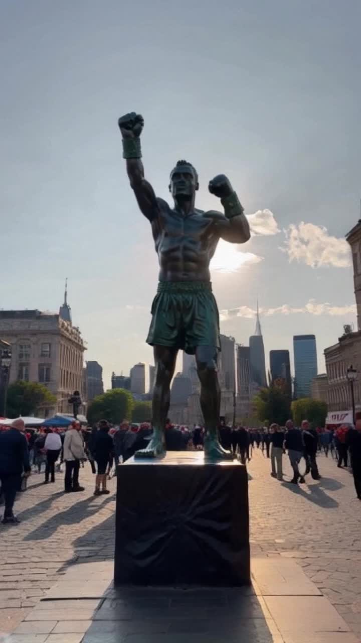 Resilient Rocky Balboa statue standing tall fists raised in iconic victory pose  Golden sunlight glistening off bronze muscles creating a dramatic play of shadows  Bustling streets of Philadelphia vibrant energy surrounds the legendary monument  Ancient stone steps leading up to the visionary hero surrounded by cheering fans  Historic skyline painted with brilliant sunset hues capturing the spirit of determination