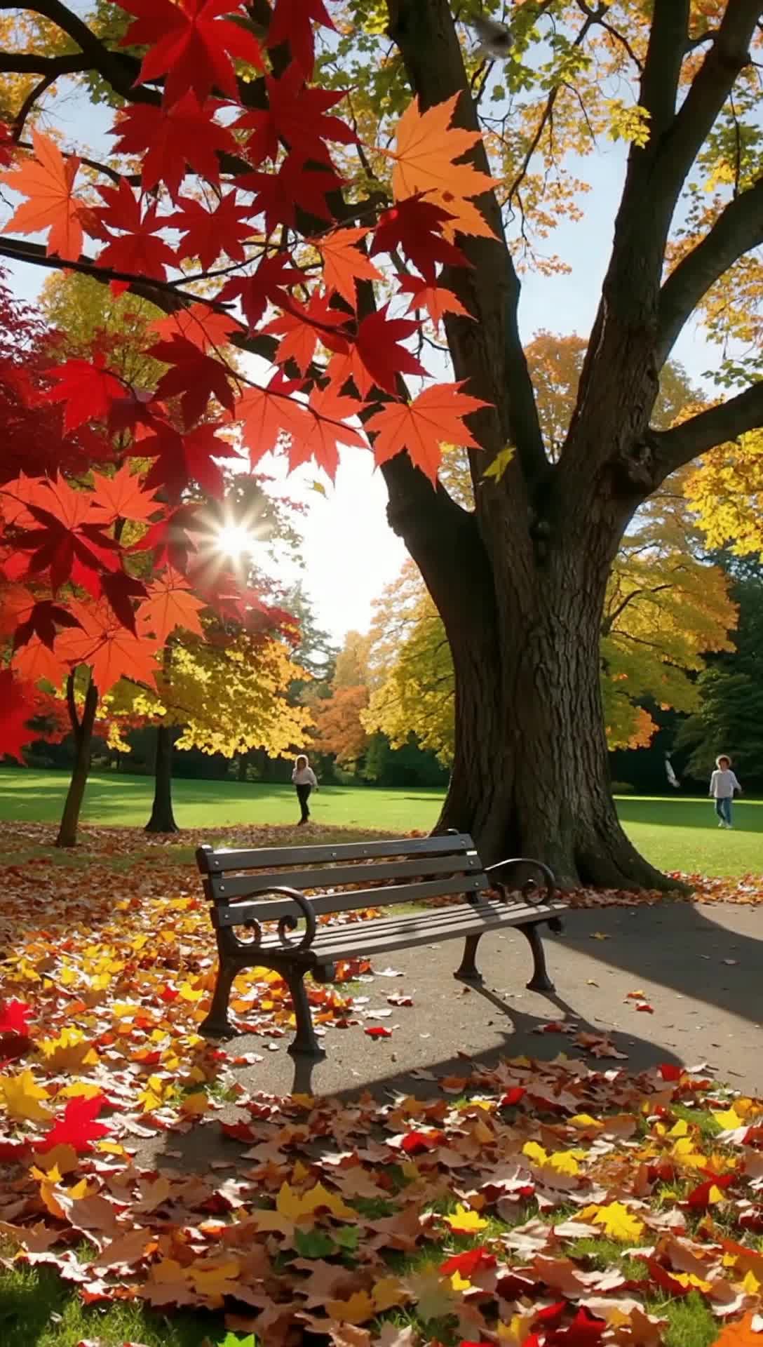 Vibrant crimson maple leaves swirling gracefully in the crisp autumn breeze, a multitude of diverse foliage twirling like dancers in a serene ballet, sunlight filtering through branches creating a golden mosaic on the ground, soft rustling sounds accompanying their descent, rich earthy aromas mixing with fresh air, a tranquil park setting with a vintage bench under a majestic oak, scattered leaves forming a colorful carpet, distant childrens laughter echoing, birds flitting from tree to tree, encapsulating the essence of fall in a picturesque moments of natures transition