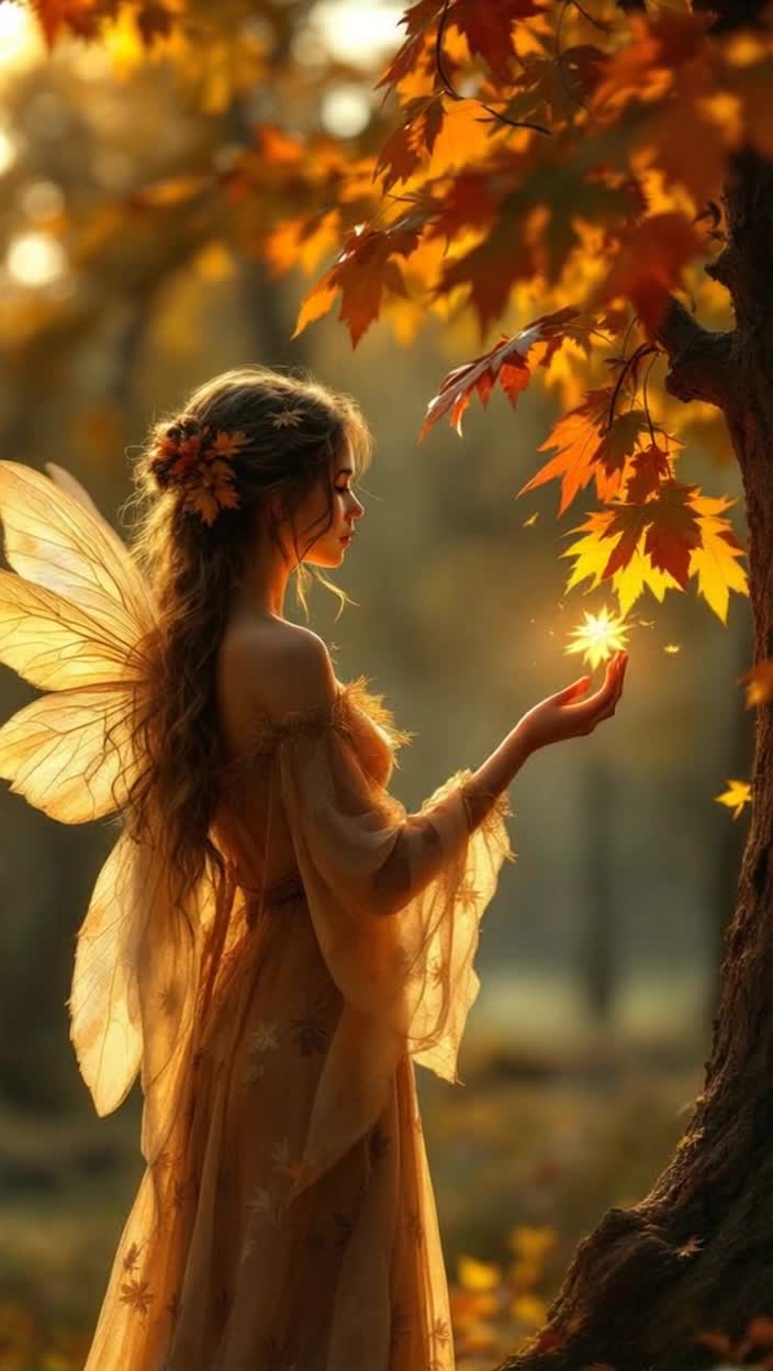 The gossamerwinged Autumn fairy is carefully repainting a leaf on an oak tree using her magic wand, covering the Summer green with the browns, reds, yellows and oranges of Fall