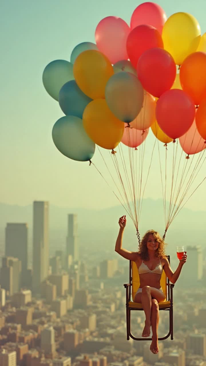 In the warm, grainy style of a 1970s film, a woman casually enjoys a beverage while seated in a simple lawn chair with a large collection of brightly colored balloons, floating serenely high above a sprawling cityscape the colorful cluster of weather balloons lifts her into the hazy sky, creating a whimsical and surreal spectacle of peaceful defiance against the urban expanse below She gives a cheers motion as she floats by