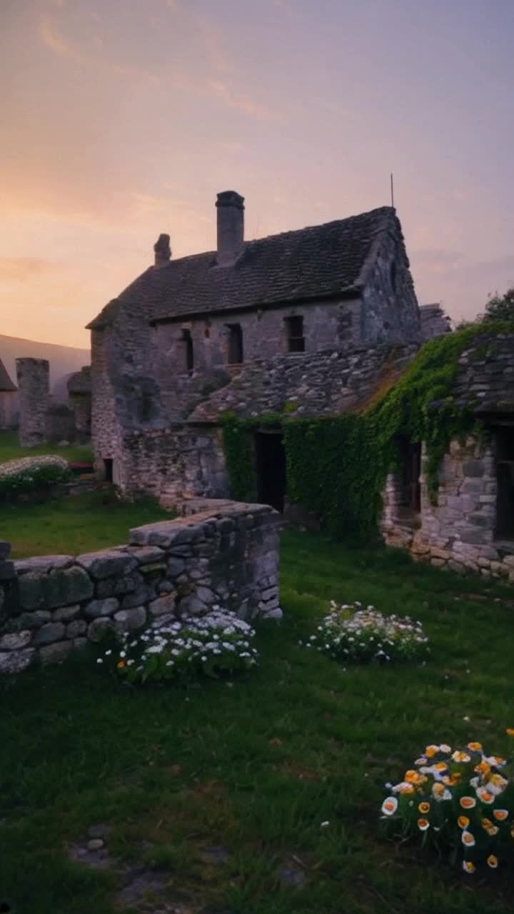 Ancient grey stone structures clustered together exuding charm and character portraying times embrace Eerie silence enveloping the scene as  winds whisper through crevices Masses of charming daisies grace the area Lush green grass sprawling around the manor contrasting with weathered stones Overgrown ivy cascades down walls creating a tapestry of natures reclaiming A monk with a long black woolen hooded robe haunts the area A hazy evening sky painted with oranges and purples sets a wistful backdrop as shadows elongate across the landscape inviting exploration into forgotten stories of history hidden within these quaint relics
