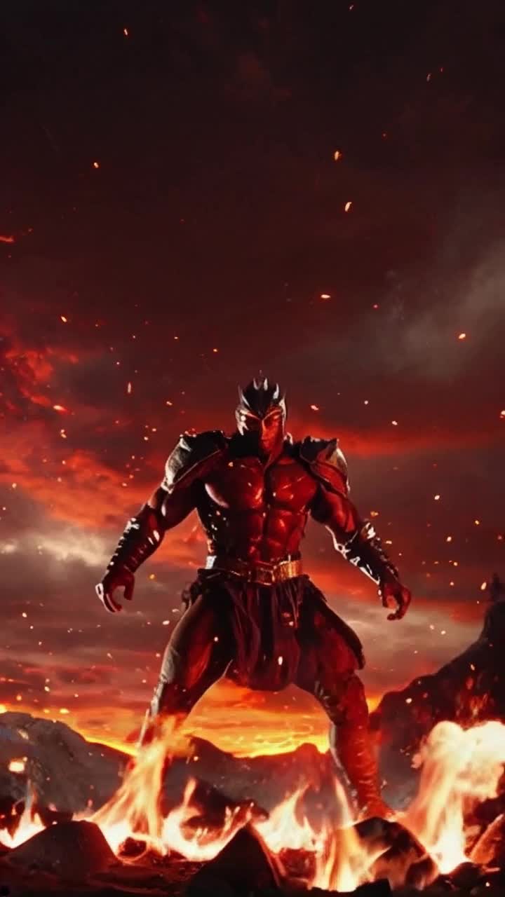 Lone warrior with fiery determination muscles rippling with energy unleashes a storm of brilliant energy blasts scattering shadowy foes in awe against the backdrop of a molten sky swirling with vibrant hues of orange and red flames licking the ground beneath him as embers dance through the air casting an ethereal glow on his strong silhouette