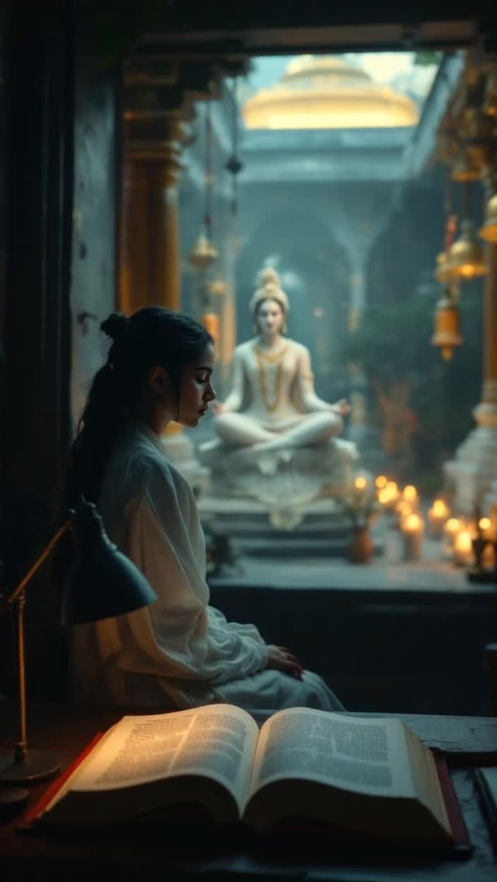 Sad girl seated in dimly lit room gazing at open book filled with daunting words  Slowly rising she walks through vibrant temple courtyard surrounded by soft drumbeats and ringing bells  Magnificent Mahagauri materializes dressed in radiant white glowing with serene strength  Eyes closed she meditates channeling inner peace and confidence transforming her expression into serenity  Confidently returning to her workspace she gently closes the book while uplifting music swells in triumphant celebration  Text appears invoking ancient Sanskrit with divine messages and strength capturing essence of belief and devotion