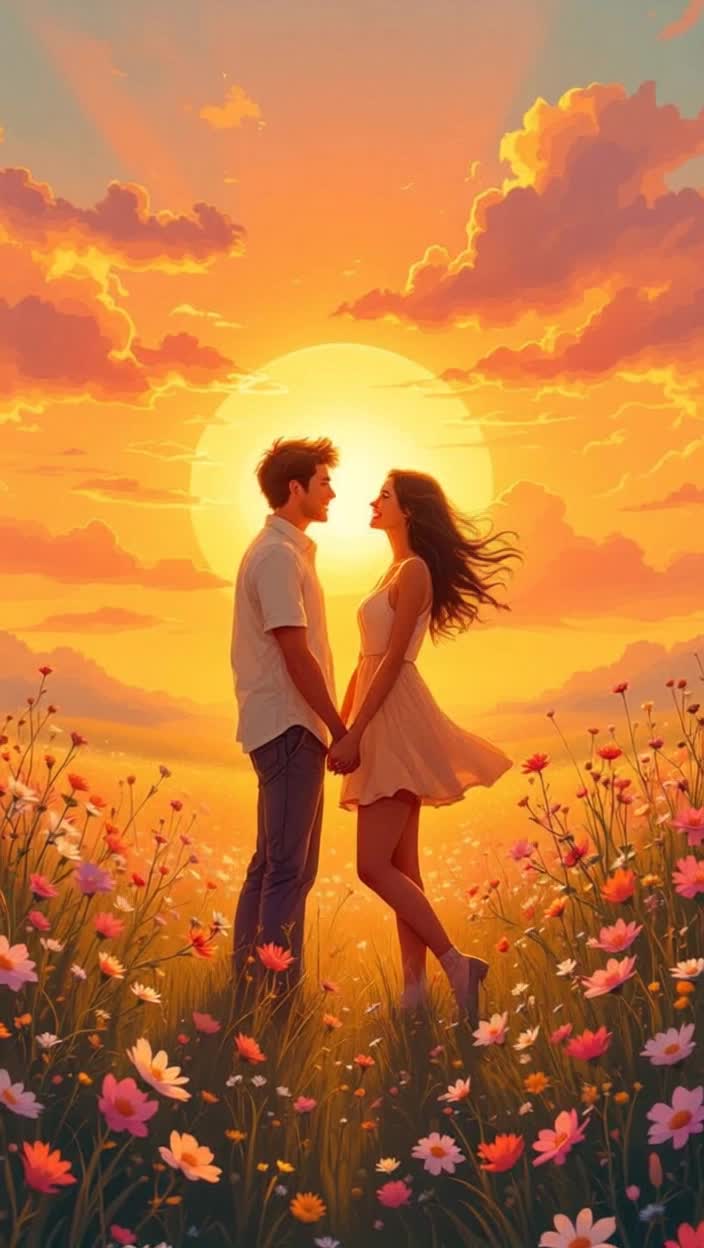 Couple radiating joy and warmth sharing playful glances intertwined laughter cherishing each moment together navigating lifes challenges Hand in hand they frolic through sunkissed meadows surrounded by blooming wildflowers soft whispers carried by a gentle breeze vibrant sunset casting a golden glow illuminating their smiles creating an enchanting atmosphere filled with love and spontaneity