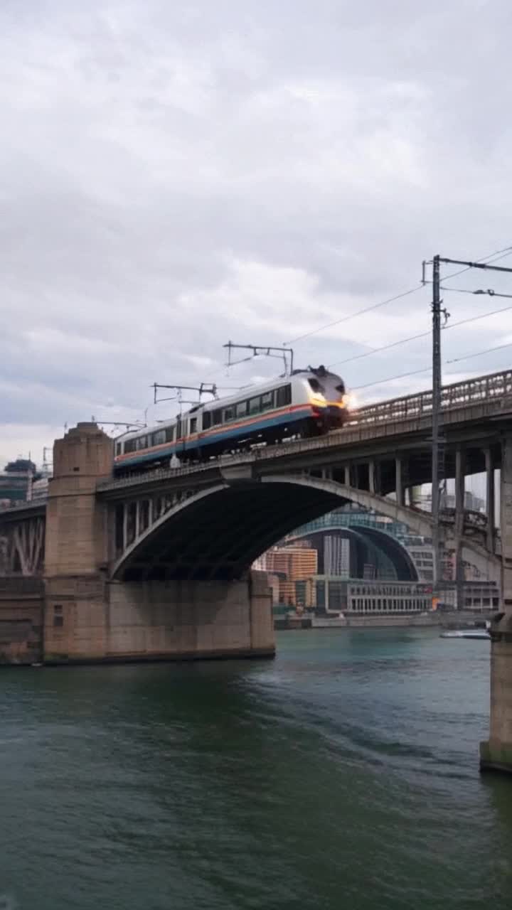 Metro train going on the bridge with top height in bangaluru city with little blurry effect