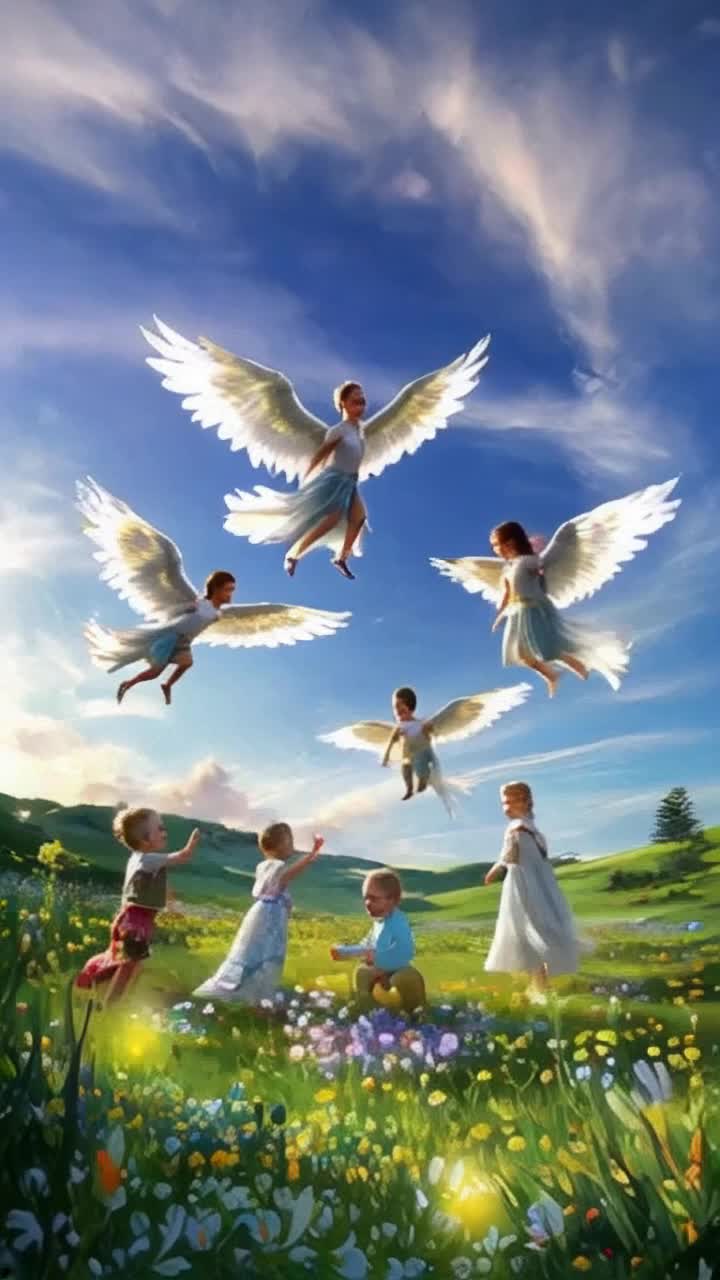 Radiant angels with shimmering wings floating gracefully Above joyous children laughing and playing in a sunlit meadow Surrounded by vibrant wildflowers swaying gently in the breeze Under a sky painted in brilliant blues and wispy clouds Creating a magical atmosphere filled with laughter and innocence