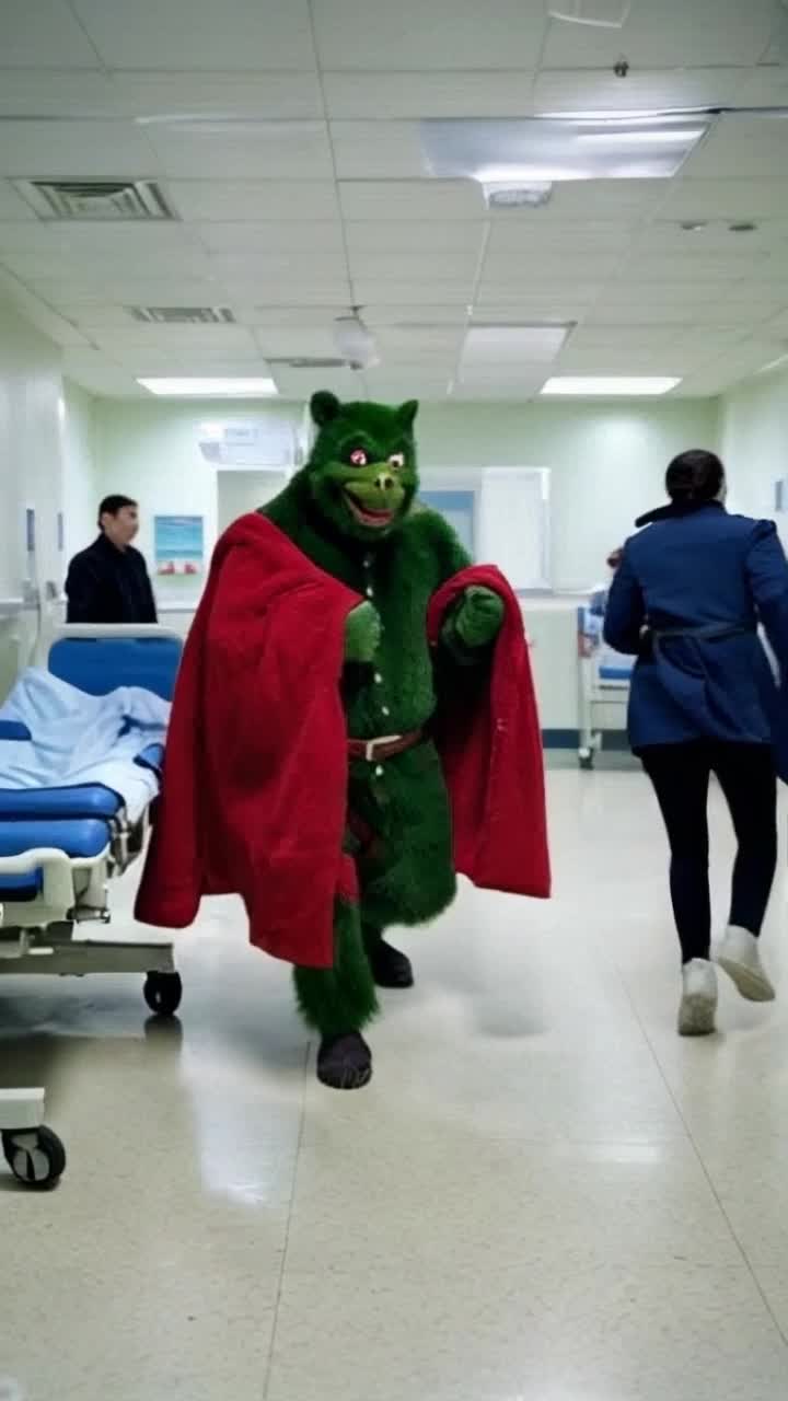 Green furry Grinch clutching a tattered red coat and wild eyes bursts through hospital doors clutching a mysterious object in his paws Frantic hospital staff scatter in chaos while a shrill alarm blares overhead Grim sterile corridors lined with stark white walls and flickering fluorescent lights enhance the urgency Gurneys tumble as panicked patients flee and holiday decorations sway above in stark contrast to the unfolding madness