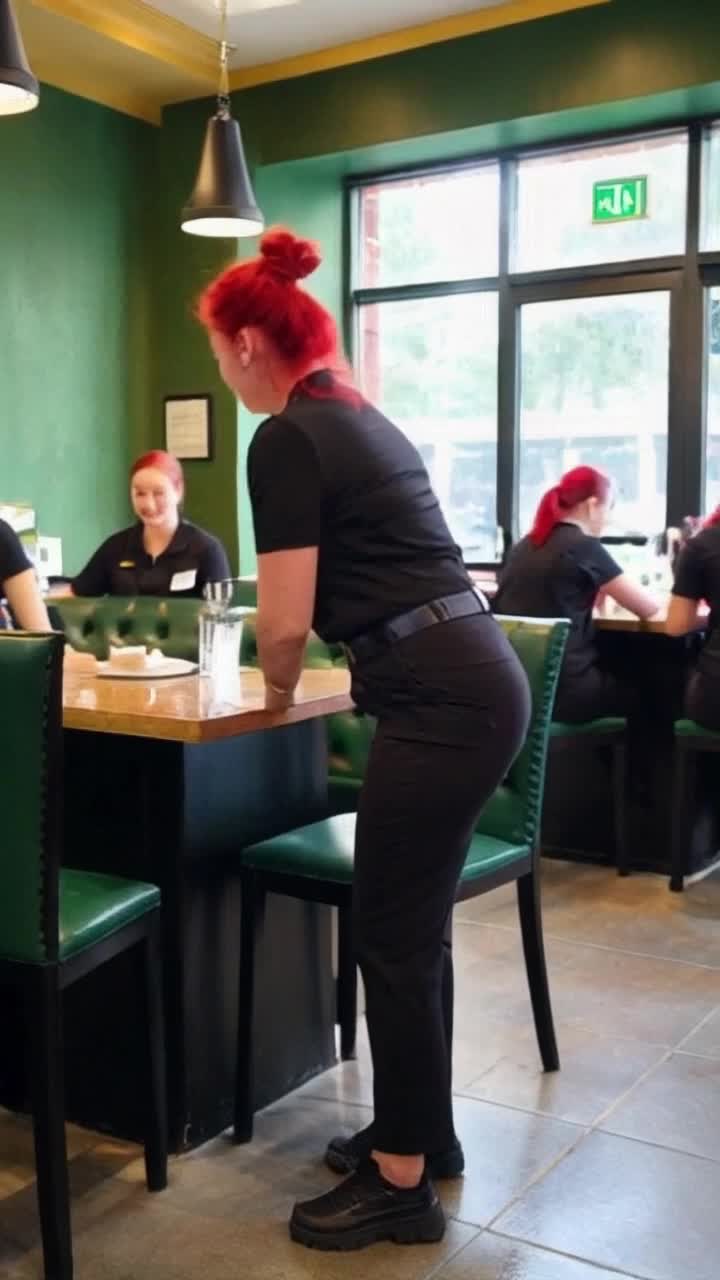 a beautiful red head woman, wearing all long sleeved black shirt black pants and black tennis shoes, her hair in a bun, at a restaurant as a hostess, her name tag says Tara, the restaurant has green and gold interior, its busy with many workers wearing the same black uniform, she is the only red head women seen, the windows show its rainy and cloudy outside, she falls to her knees crying