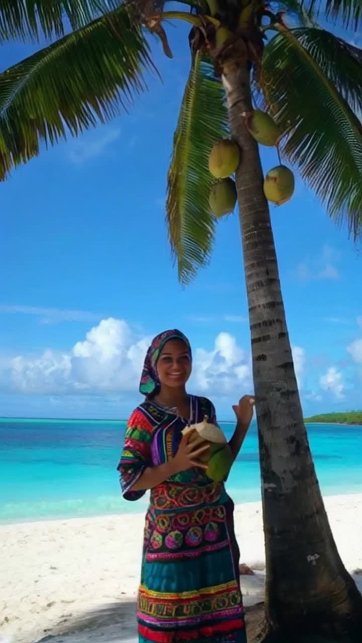 Graceful woman adorned in traditional Aruba attire gathers coconuts from a tall palm tree reaching skyward swaying in gentle island breeze Vibrant turquoise waters sparkle under radiant sun while lush green foliage surrounds golden sandy beach dancing to rhythmic waves in the distance A backdrop of clear blue sky serves as a canvas for fluffy white clouds to drift lazily overhead Embracing island culture and natural beauty this scene captures the essence of paradise