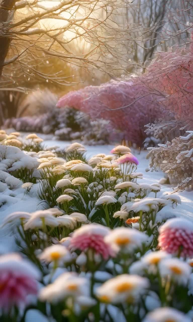 Vibrant colorful flowers in full bloom swaying gently with warm summer breezes delicate snowflakes cascading down blanketing ground in soft white gradual morphing from lively growth to serene stillness as seasonal change unfolds in harmonious flow sunlit gardens transition to tranquil snowy landscapes under softly glowing winter sky timelapse reveals enchanting journey of natures cycle capturing fleeting moments of beauty inviting viewers to witness everchanging magic of life