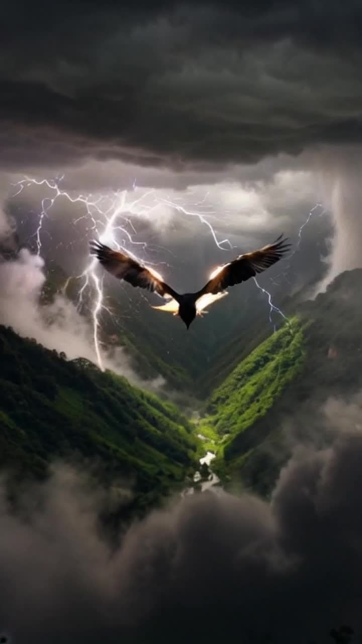 Majestic wings unfurl shimmering with ethereal glow cutting through dark storm clouds swirling with ominous energy crackling like lightning above lush green valley below illuminated by flashes of brightness swirling mist adds depth to dramatic scene