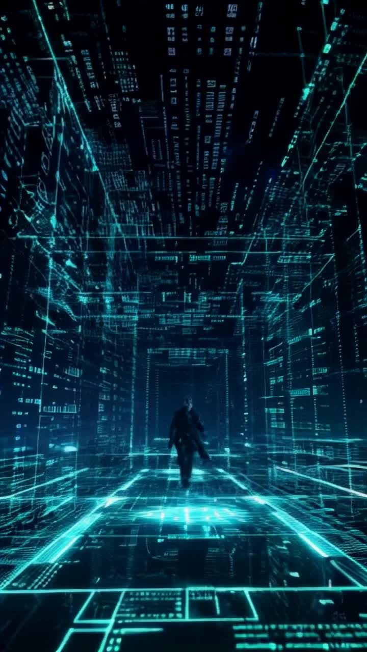 Mysterious figure cloaked in dark attire gliding effortlessly through a web of flickering binary codes A surge of energy propelling her forward as she weaves expertly through virtual obstacles Digital landscape pulsating with neon lights shadows flickering as surveillance cameras sweep the scene Glitches in reality creating a surreal atmosphere giving her the semblance of a ghost escaping unseen elements lurking in cyberspace
