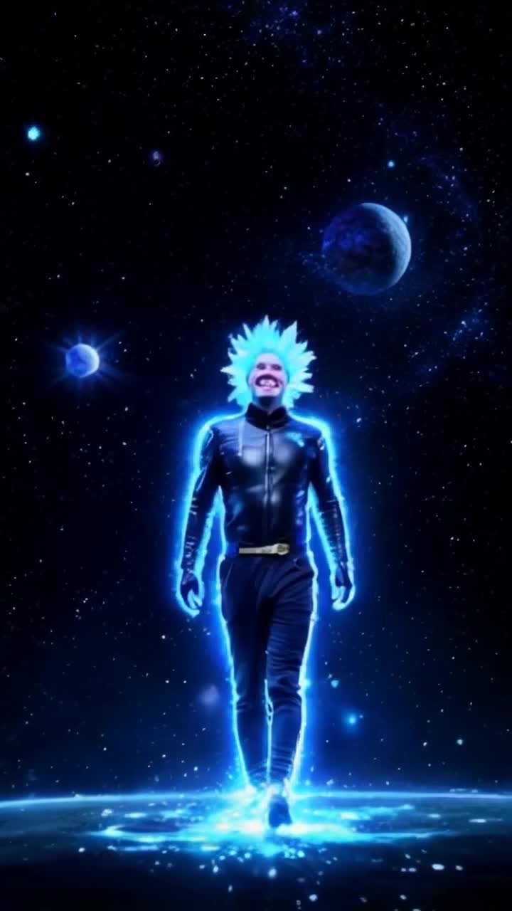 Chosen warrior emanating fierce presence spiky hair glowing with brilliant atomic blue energy launches into sky with wild laughter resonating around him vibrant cosmic backdrop filled with swirling stars dynamic energy pulses rippling through the air illuminating dark expanse of the universe otherworldly power radiating from his very being as he ascends into the unknown