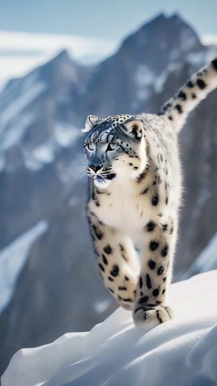 Snow leopard with stunningly luxurious fur sparkling in sunlight playfully frolics energetically through gentle softwhite snowflakes swirling all around Powerful legs leap gracefully creating a whimsical dance leaving delicate paw prints trailing behind as it bounds across an expansive snowy landscape Majestic mountain peaks rise dramatically in the background rugged cliffs adorned with glistening frost while radiant icicles dangle from craggy outcrops Bright azure sky stretches infinitely overhead where fluffy white clouds drift leisurely enhancing the tranquil yet exhilarating essence of this winter wonderland