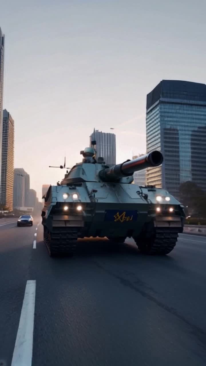Futuristic super tank shining in metallic bluish gold with a majestic Willow blue and gold emblem gliding through the express lane at dawn Underneath massive retractable fifty caliber cannon stealthily prepares for action as moments before daybreak city awakens Bathed in surreal yellow headlights and a pulsating strobe siren casting shadows among concrete skyscrapers while soft morning light struggles to break through Dominating highways with incredible speed of 75mph effortlessly weaving through the stillness of early morning traffic lending a spectacle of power and grace amidst a tranquil awakening city