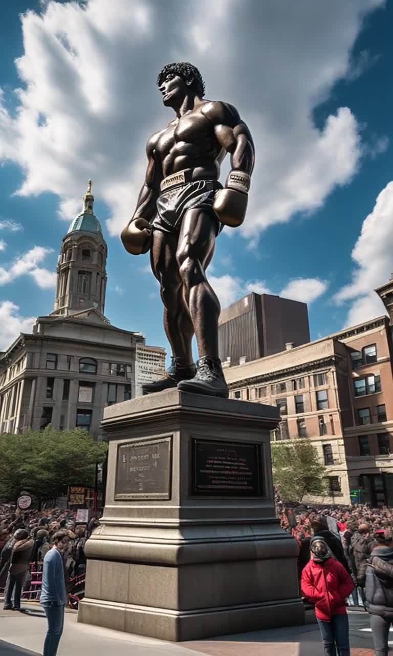 Majestic Rocky Balboa statue towering heroically in Philadelphia vibrant cityscape surrounded by enthusiastic crowd cheering inspired fans capturing memories urban energy under blue sky with fluffy clouds sunlight casting dramatic shadows on historical buildings bustling streets filled with people admiring the iconic figure framed by the rich heritage of this legendary boxing hub dynamic atmosphere radiating hope and perseverance