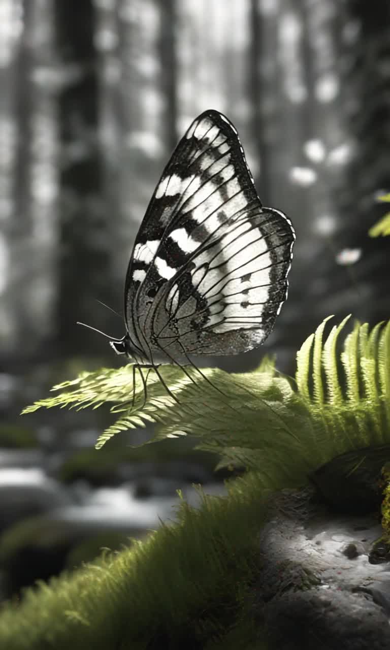 Delicate black and white butterflies fluttering gracefully above vibrant wildflowers and ferns dancing in a gentle breeze Clear sparkling tumbling stream flowing swiftly through lush greenery Soft sunlight filtering through tall slender birch trees casting enchanting shadows on the forest floor Rich textures of velvety mosses blanketing the ground inviting viewers into a serene natural wonderland Butterflies landing softly on vibrant petals creating moments of quiet beauty throughout this tranquil forest scene