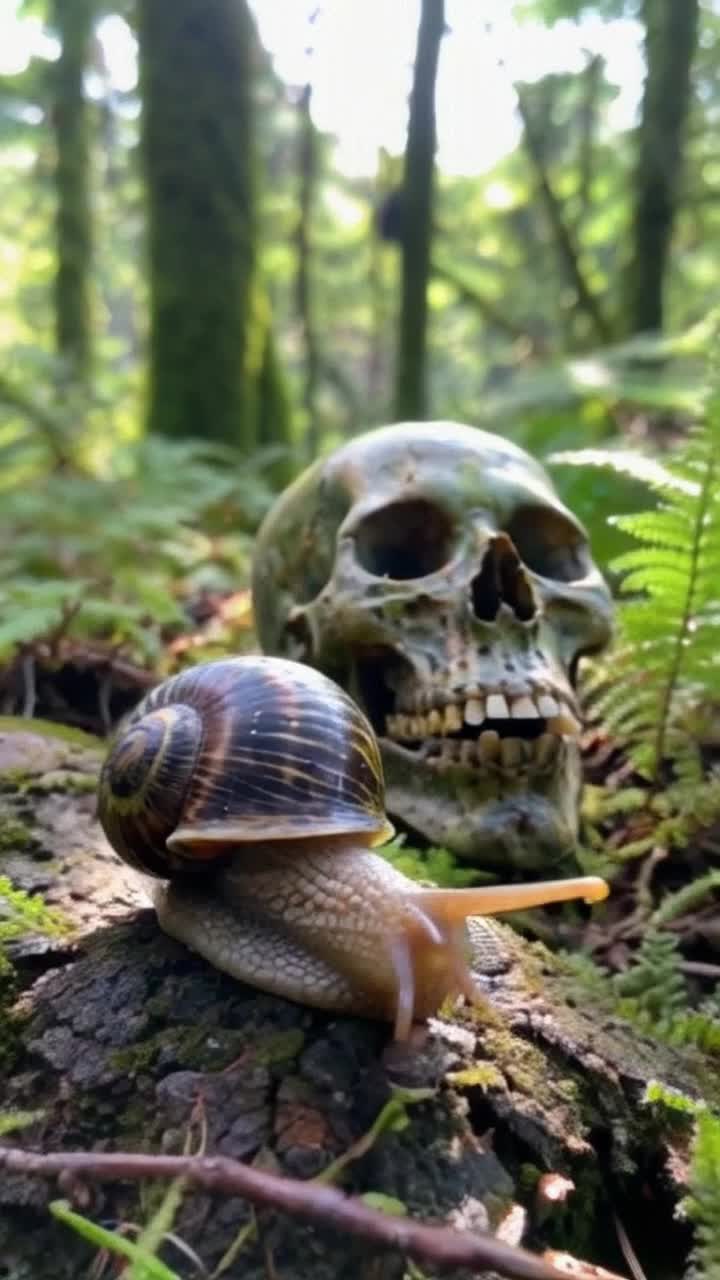 Porcupine snail adorned with spiky shell gliding gracefully Mossy skull nestled among vibrant green ferns under dappled sunlight Filtering through ancient trees creating a mystical woodland atmosphere Soft sounds of nature surround with gentle rustling leaves and distant birdsong adding to serene ambiance