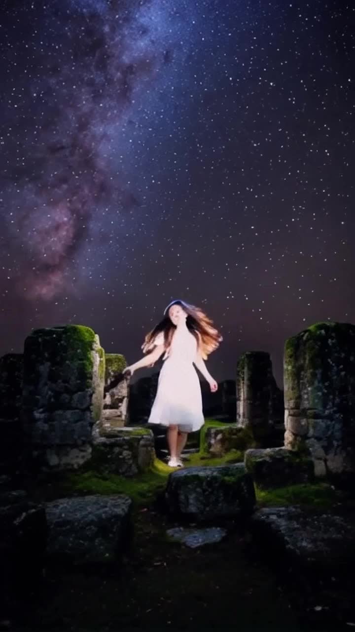 Young woman with flowing hair swirling in shadows illuminated by flickering light reveals swirling wisps embodying ancient villagers' memories intertwining with her every movement blending past with present in a mesmerizing dance around ancient stone ruins covered in moss ethereal glow embracing the night sky filled with distant stars whispering secrets of forgotten times