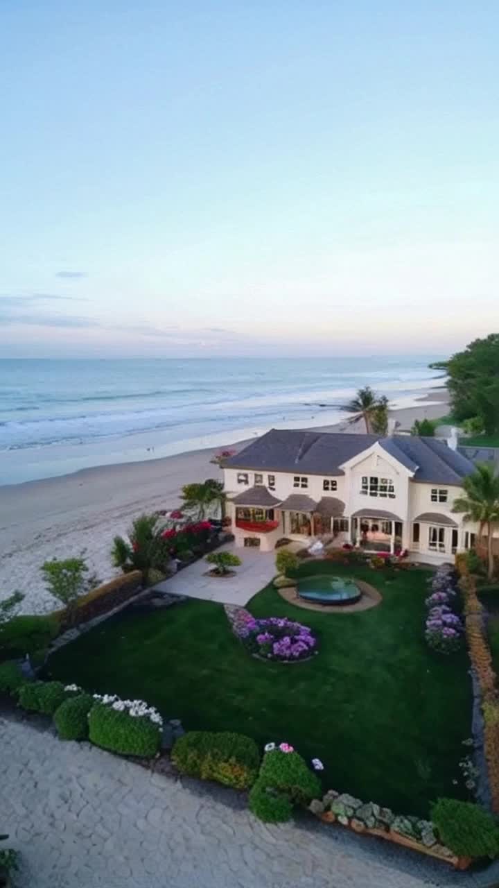 A luxurious Beach House faces a gentle tide sunrise, pastel and vibrant colors, gardens, flowers, birds, a courtyard 