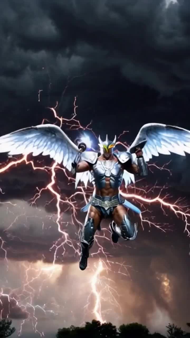 Radiant battle angel adorned in shimmering armor flexes powerful muscles gripping a mighty Lightning Mace poised to unleash divine fury majestic wings unfurling with an ethereal glow Behind him dark storm clouds swirl electrifying energy crackles in the air bolts of thunder crash illuminating the scene with flashes of brilliance sacred symbols glowing around him as he stands ready to conquer in a realm of celestial conflict