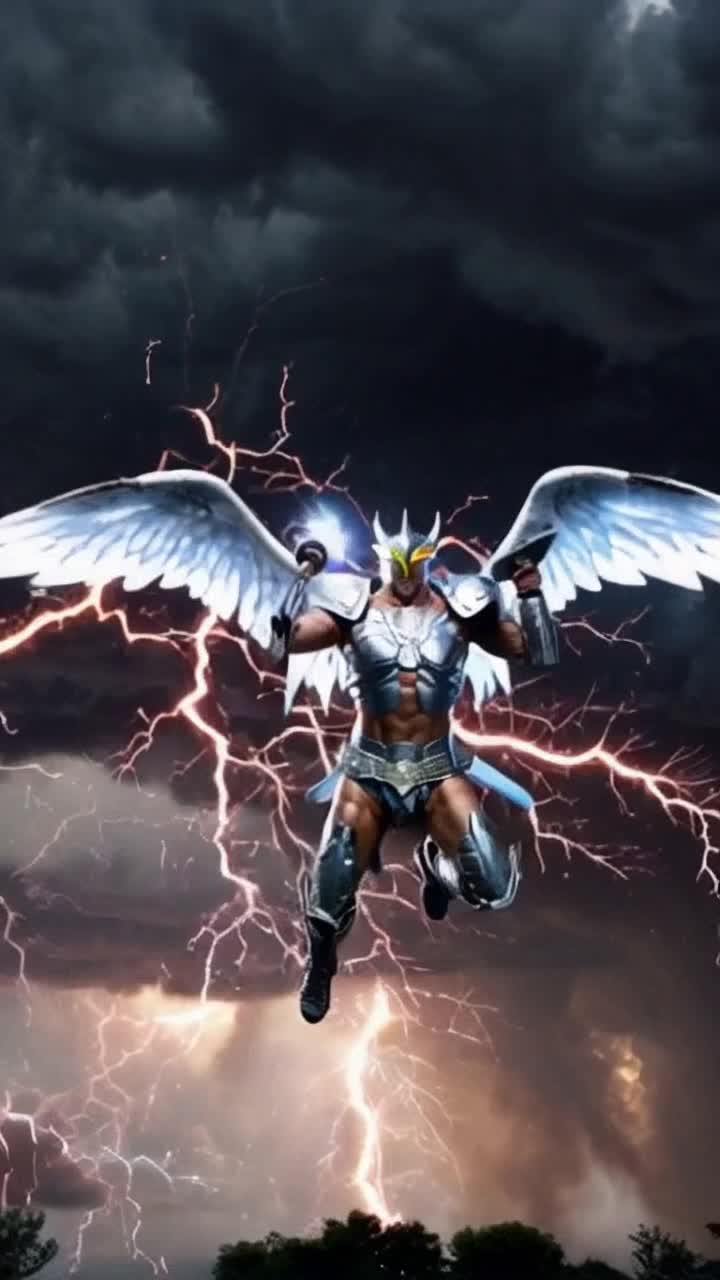 Glorious battle angel adorned in shimmering armor showcasing bulging muscles gripping a formidable Lightning Mace launching with fervor into swirling tempestuous skies majestic wings unfurling radiating a celestial glow illuminated by crackling lightning surrounded by dark storm clouds swirling winds creating an electrifying atmosphere enhancing the angel's otherworldly presence