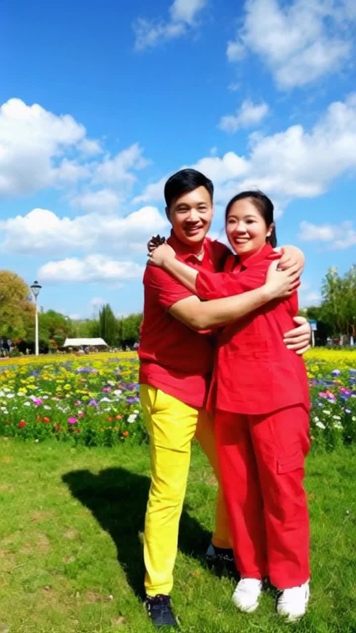 Shinchan in vibrant red shirt with playful grin colorful yellow pants cheerful Aichan dressed in radiant red twirls with delight embracing each other tightly joy radiates from their smiles surrounded by a picturesque park blooming flowers vivid green grass under a bright blue sky fluffy clouds drifting playfully above creating a warm sunny atmosphere filled with laughter and friendship