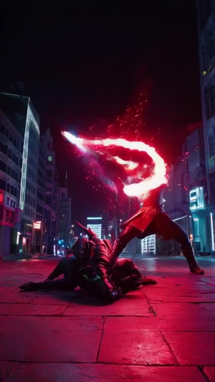 Fierce warrior clad in ornate armor wielding a shimmering sword emanating vibrant arcs of energy Every strike sends shockwaves through shadowy demonic figures twisting in agony beneath a dazzling neon skyline pulsating with electric colors casting reflections on a rain-soaked street framed by towering futuristic buildings shimmering with life