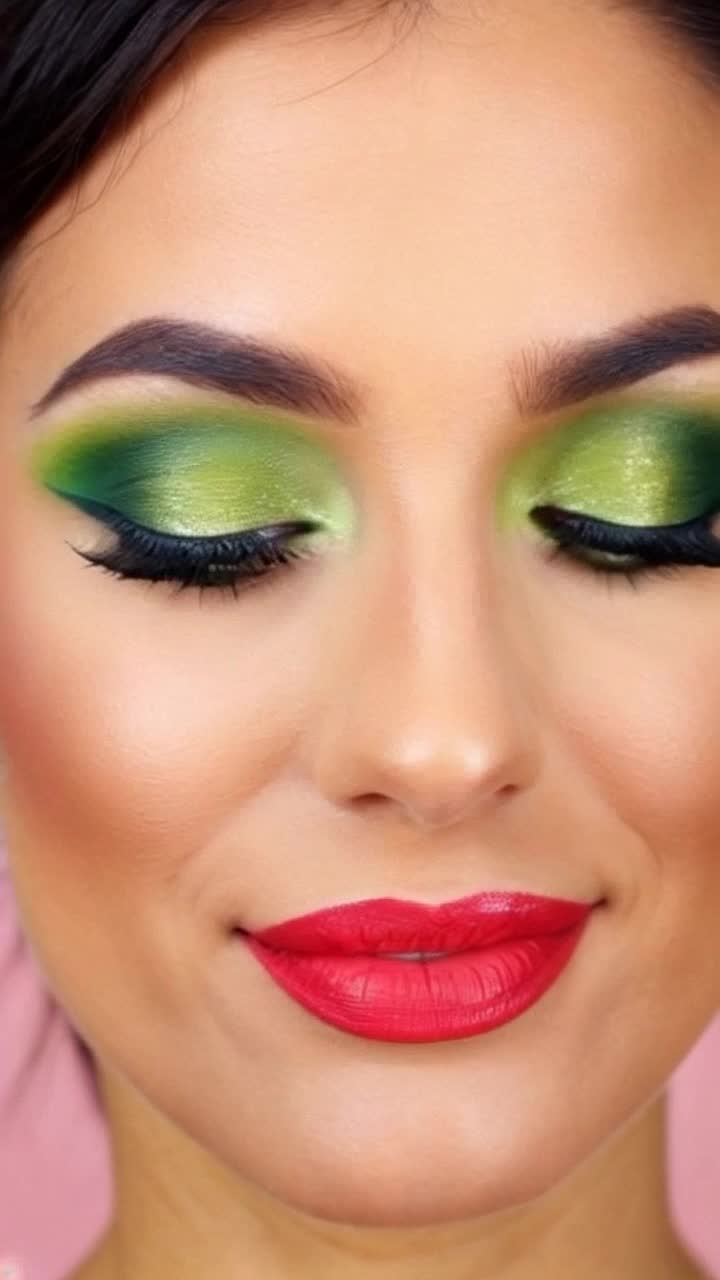 Beautiful face green shaded eye shadow long lashes huge blue eyes full lips with red lipstick smiling