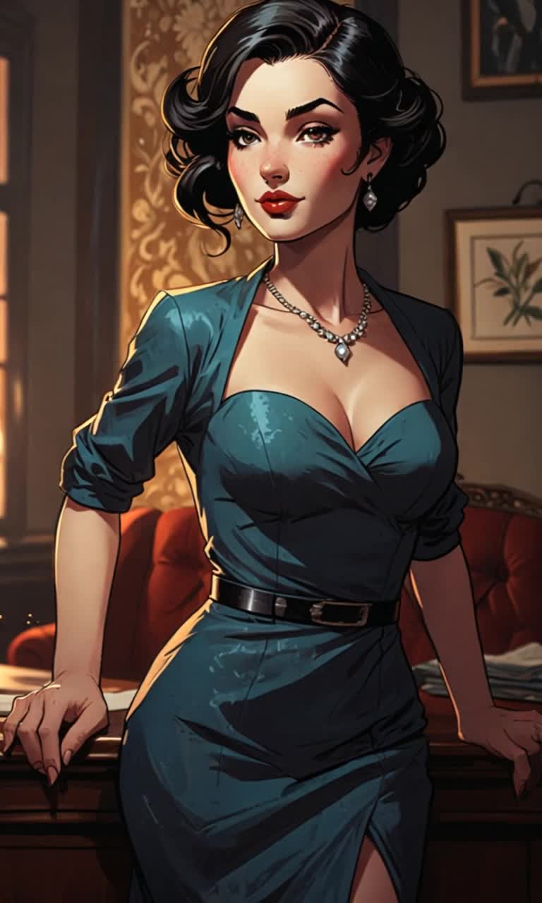 Radiant femme fatale stands confidently against an antique table exuding vintage charm Elegant art deco room envelops her aura as shadows play across walls She gazes intently absorbing whispered negotiations while a sly smile begins to form a dance of intrigue in her eyes Warm golden lighting accentuates her features enhancing the atmosphere of suspense The clinking of glasses from distant laughter adds a mysterious undertone to the scene