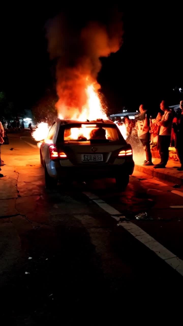 Ford Pinto exploding in flames after being rearended, Fireballs fill the sky, people look on in terror, violence and carnage 