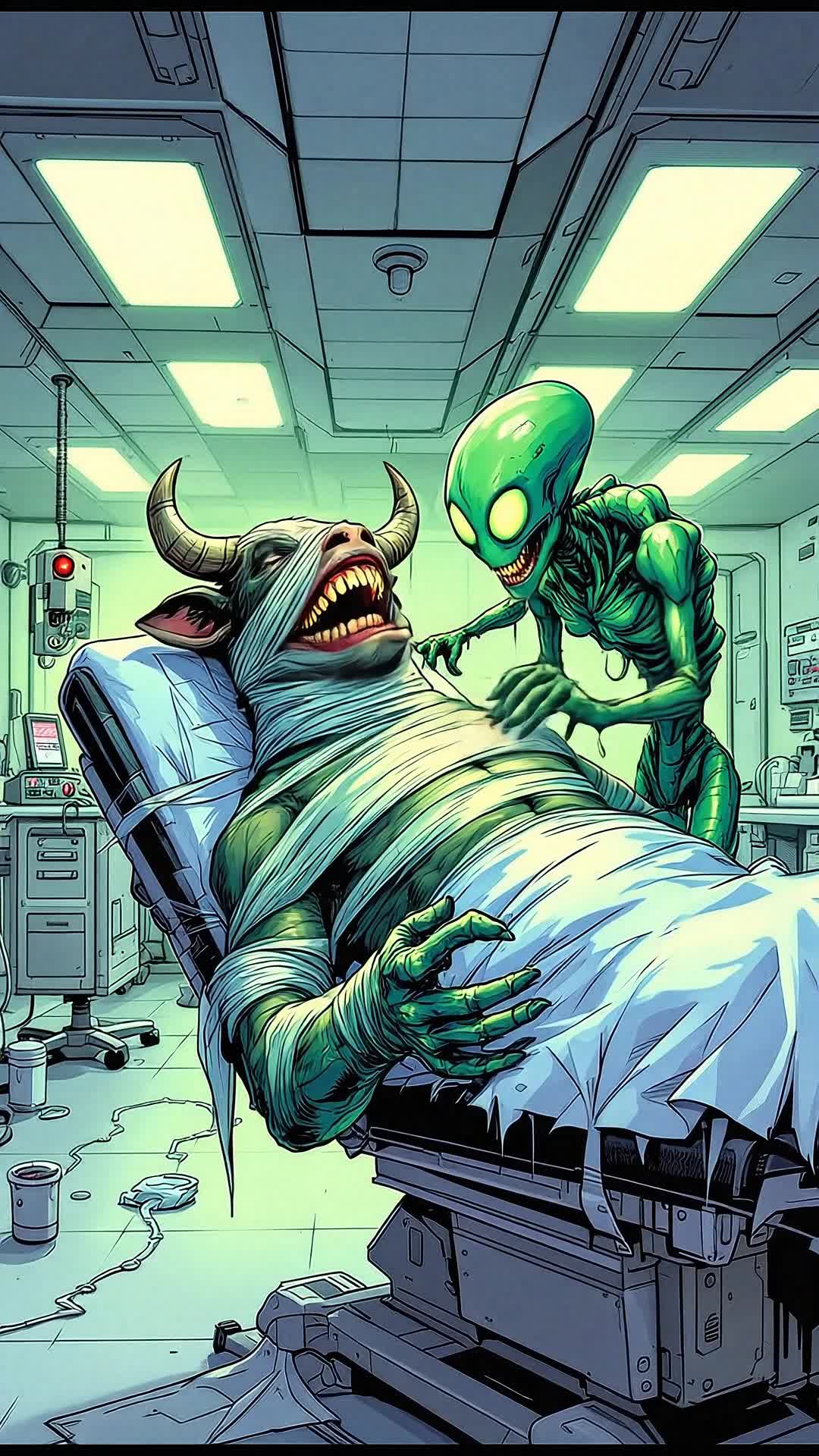 Anthropomorphic bull laughing insanely with his arms strapped taut above his head in plastic wrap on a gurney as an alien creature tickles his armpits 